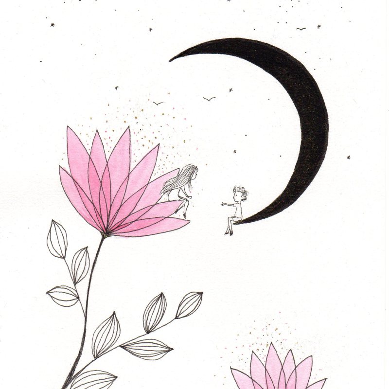 Aquarelle et encre petit format intitulée Sur la Terre comme au Ciel, nous sommes...