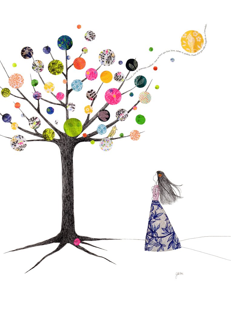 Dialogue avec l'arbre et l'oiseau - Œuvre originale technique mixte de Yamina Viguier - Format 30x40 cm