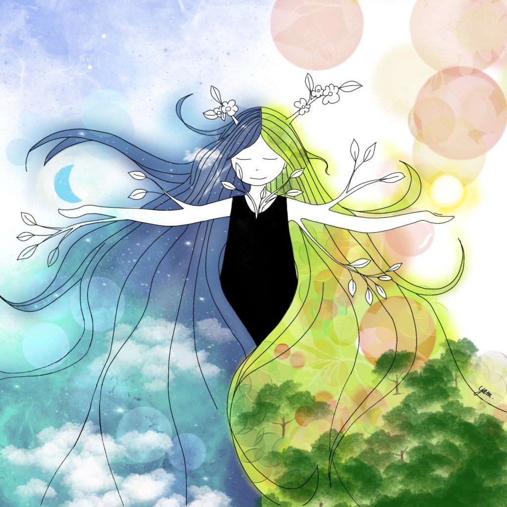 Œuvre numérique de Yamina Viguier représentant Ostara une figure Celte symbolisant l'équinoxe de printemps. Disponible dans la boutique en ligne