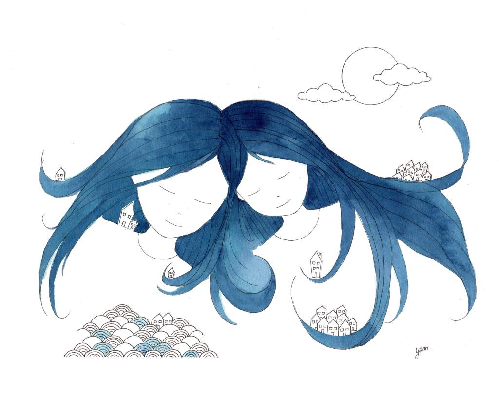 Illustration de Yamina Viguier représentant deux femmes jumelles portant des mondes dans leur cheveux. Aquarelle dessin et collage sur papier épais.