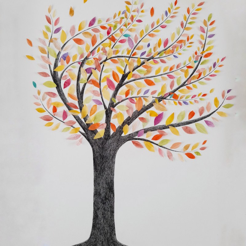 œuvre de Yamina Viguier intitulée l'arbre de nos espoirs - encre, aquarelle, crayon et collage sur papier