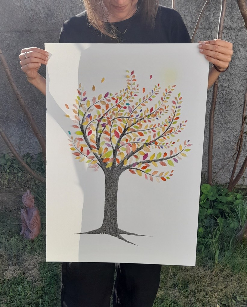 L'arbre de nos espoirs - encre, aquarelle et collage sur papier. Œuvre grand format