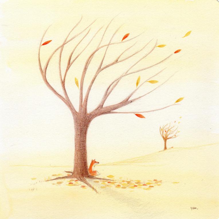 Dessin d'un arbre sans feuille au pied duquel se tient un renard assis. Réalisé au crayon de couleur par Yamina Viguier