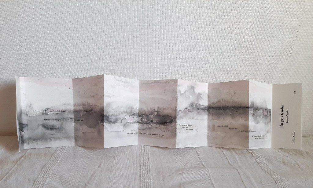 Un gris tendre - livre d'artiste de Yamina Viguier présenter ouvert. Il s'agit d'un leporello de 7 pages